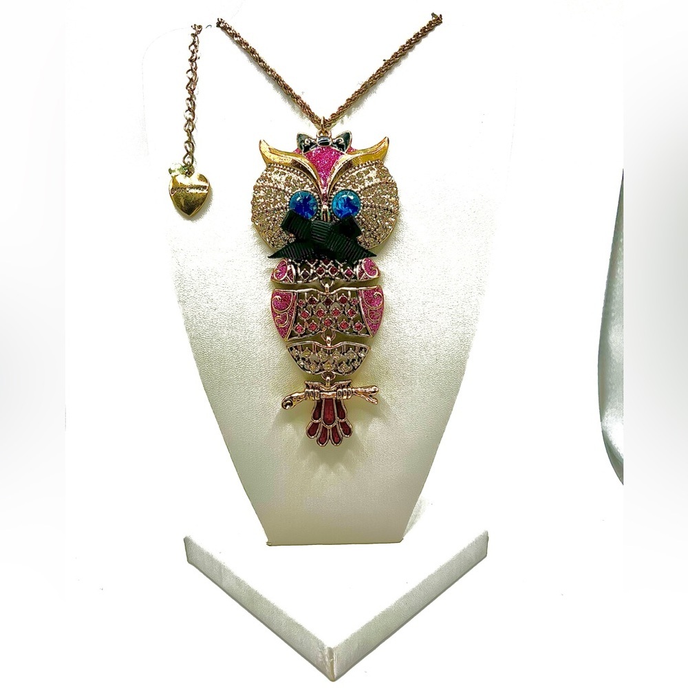 Betsey Johnson Vintage Owl Enchanted Forest Bling Long Silver Gem Chain Necklace